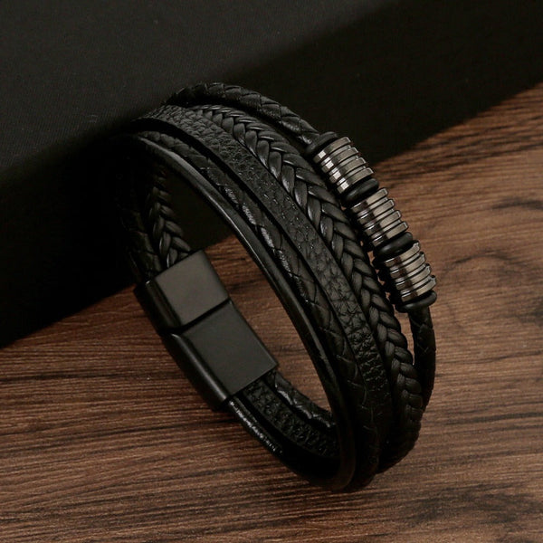 Veile Studios Mens Leather Magnetic Buckle Woven Bracelet Electroplating Black Bracelets