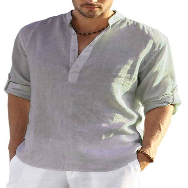 Men's Casual Cotton Linen Solid Color Long Sleeve Shirt Loose Stand Collar Casual Shirts