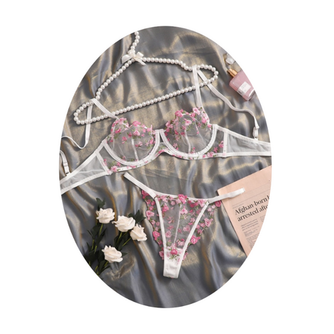 Fairy Embroidery Floral Sexy Transparent Lingerie Bra Thong Women