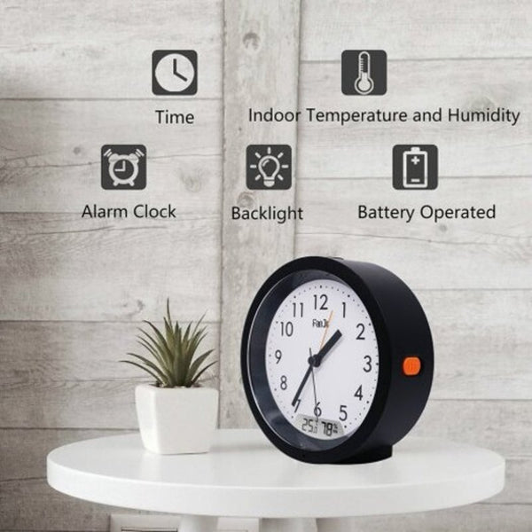 Fj5132b Alarm Clock Silent Small Analog Travel Automatic Backlight Temperature Humidity
