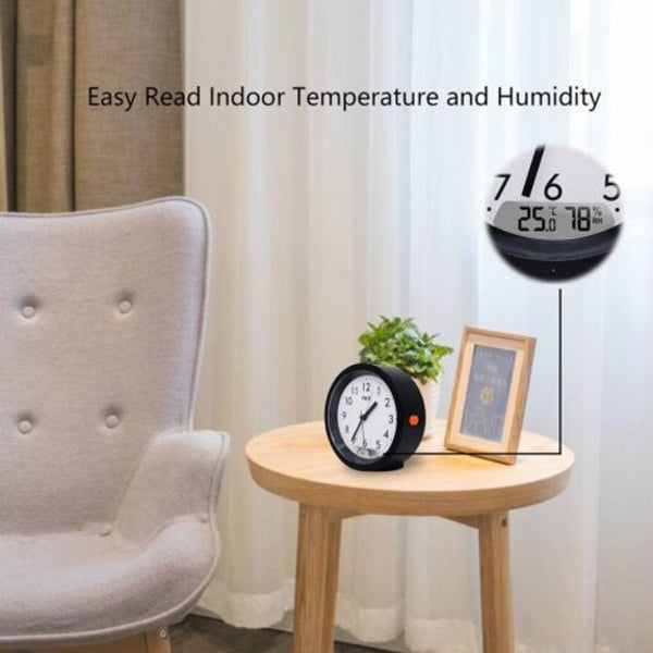 Fj5132b Alarm Clock Silent Small Analog Travel Automatic Backlight Temperature Humidity