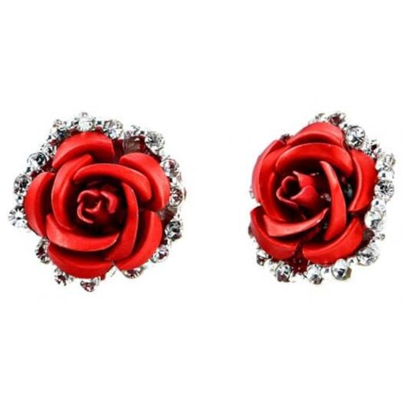 Veile Studios Fashion Colour Rose Rhinestone Women Flowers Red Earrings