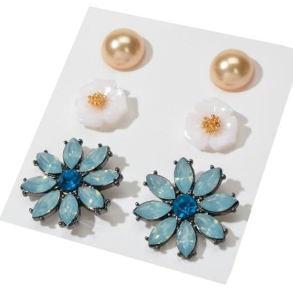 Fashion Blue Flash Diamond Resin Flower Stud Earrings Set Macaw Green