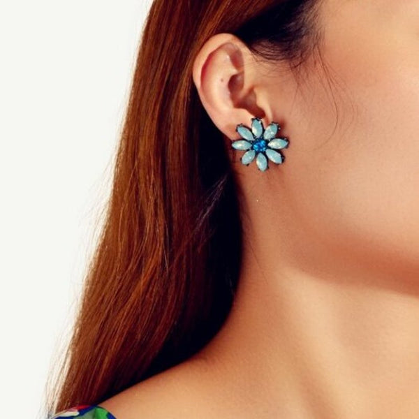 Fashion Blue Flash Diamond Resin Flower Stud Earrings Set Macaw Green