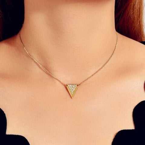 Fashion Gold Inverted Triangle Full Diamond Pendant Necklace