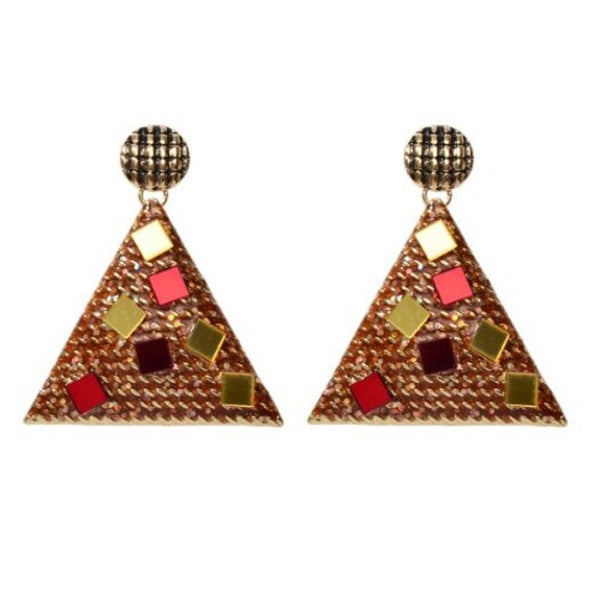 Fashion Gold Red Triangle Metal Glitter Pendant Earrings 1Pair