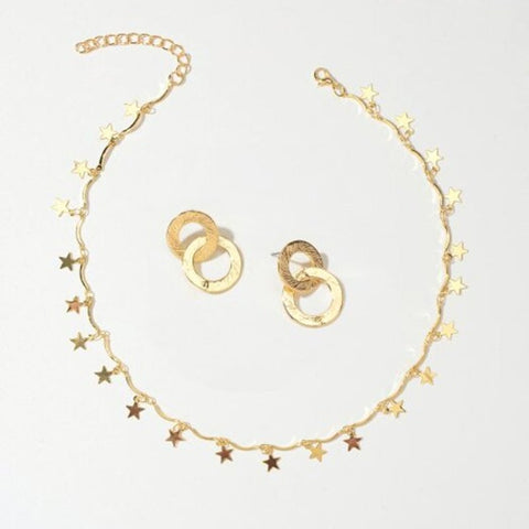Fashion Gold Star Chain Necklace And Round Ring Pendant Earrings