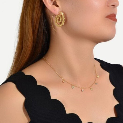 Fashion Gold Tone Heart Shaped Earrings And Diamond Necklace