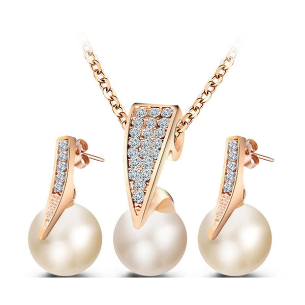 Veile Studios Fashion Lady Pearl Clear Crystal Rose Gold Necklace Earrings Set Jewellery Sets