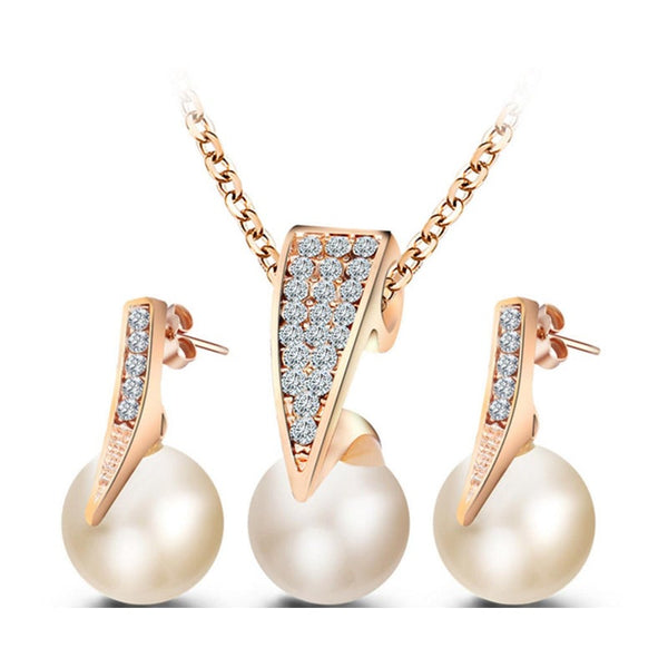Fashion Lady Pearl Clear Crystal Rose Gold Necklace Earrings Set