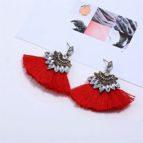 Fashion Multicolors Crystalshell Shape Tassel Dangle Drops Fringing Earrings Red
