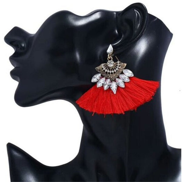 Fashion Multicolors Crystalshell Shape Tassel Dangle Drops Fringing Earrings Red