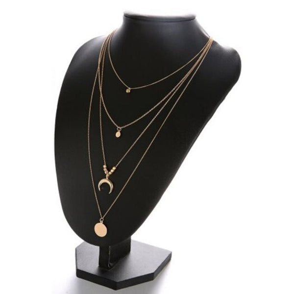 Fashion Personality Multi Layer Moon Round Pendant Women's Necklace Gold 1Pc