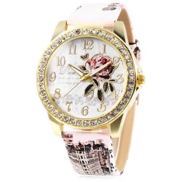 Veile Studios Fashion Rhinestone Scale Rose Pattern Dial Lady Quartz Watch Pink Watches
