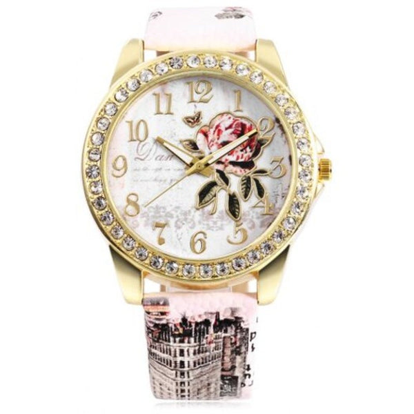 Veile Studios Fashion Rhinestone Scale Rose Pattern Dial Lady Quartz Watch Pink Watches