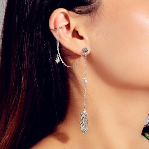Fashion Silver Leaf Full Diamond Pendant Ear Hook Single