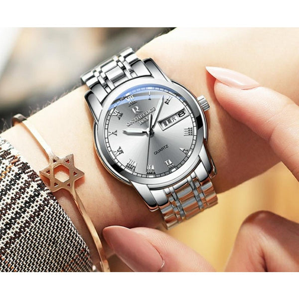 Veile Studios Stainless Steel Round Quartz Luminous Watch Waterproof For Women Silver Watches