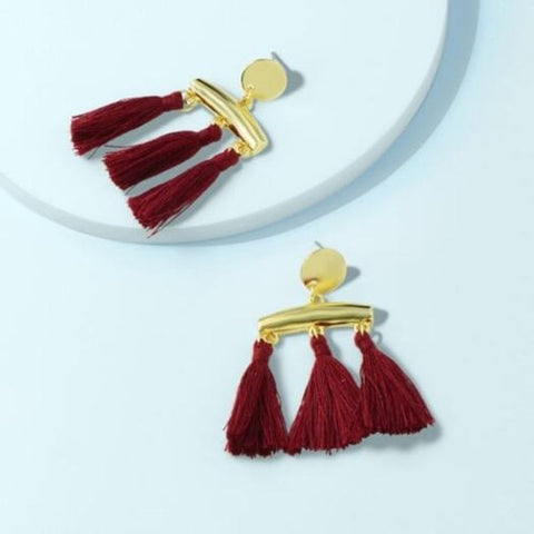Fashion Wine Red Tassel Pendant Earrings 1Pair Gold