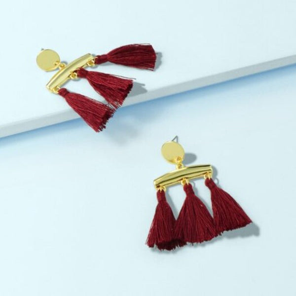 Fashion Wine Red Tassel Pendant Earrings 1Pair Gold