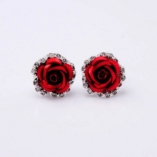 Veile Studios Fashion Colour Rose Rhinestone Women Flowers Red Earrings