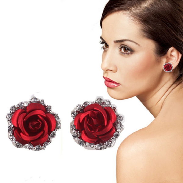 Veile Studios Fashion Colour Rose Rhinestone Women Flowers Red Earrings
