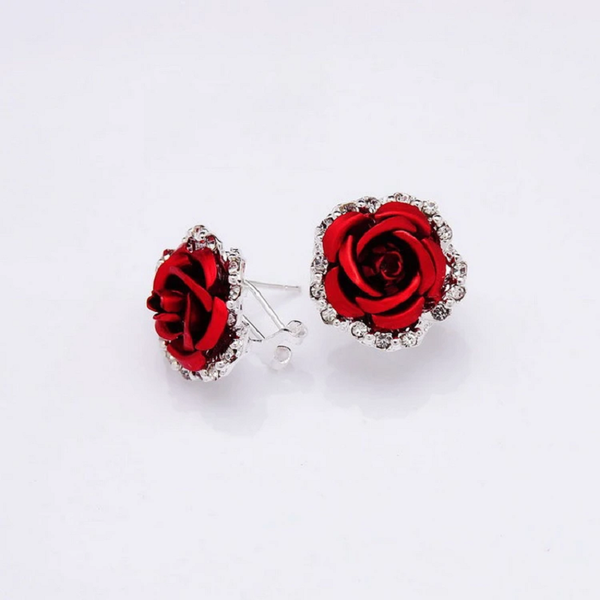 Veile Studios Fashion Colour Rose Rhinestone Women Flowers Red Earrings