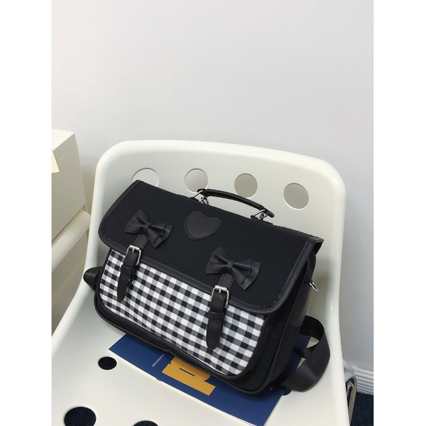 Fashion British Style Girls Checkered Shoulder Bag Backpack Black Pink Nylon Bow Knot Wrapped Backpacks & Bags
