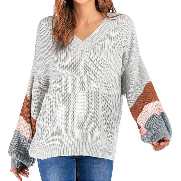Fashion Casual V Neck Sweater Grey M Jumpers & Cardigans