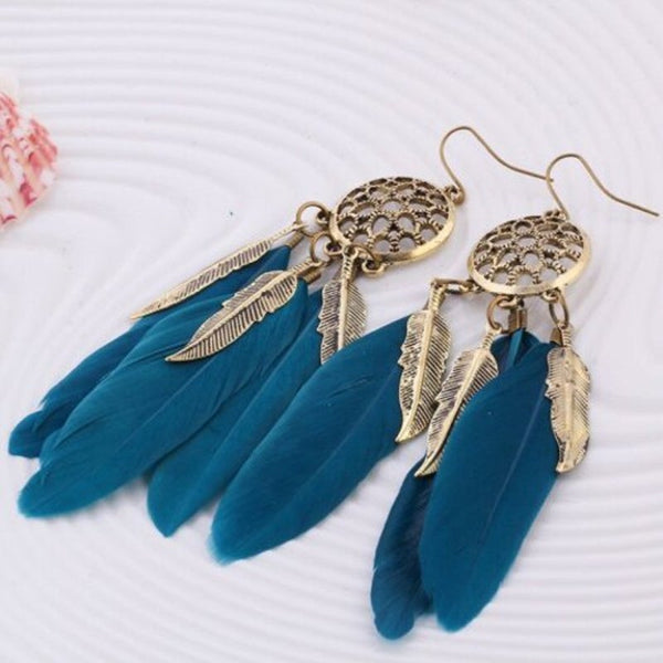 Fashionable Blue Feather Leaf Mesh Bronze Color Earrings Ivy