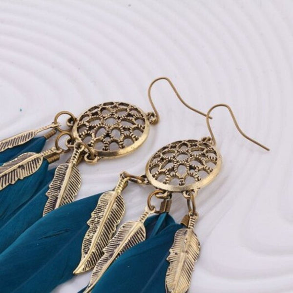 Fashionable Blue Feather Leaf Mesh Bronze Color Earrings Ivy