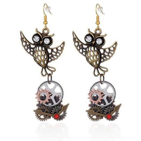 Fashionable Steampunk Owl Hour Gear Alloy Pendant Earrings Dark Goldenrod