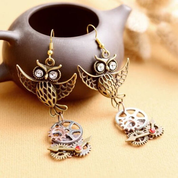 Fashionable Steampunk Owl Gear Alloy Pendant Vintage Statement Earrings Jewellery