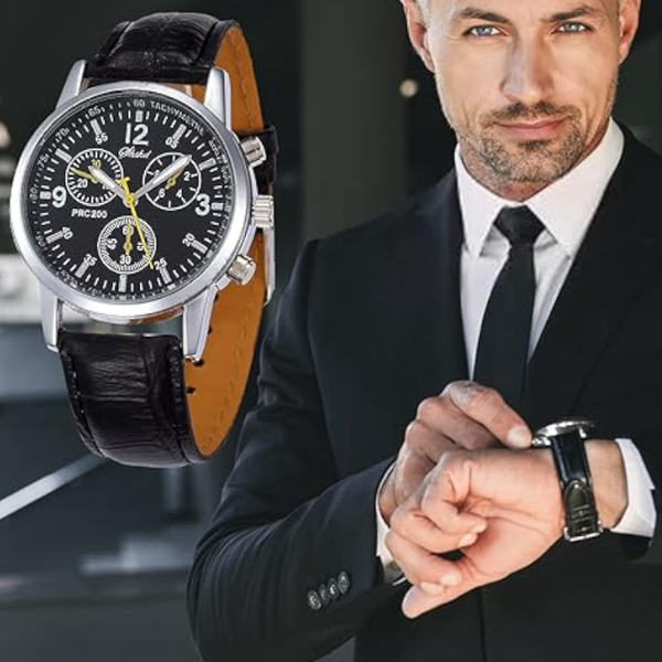 Veile Studios Fashionable Men Casual Watch Three Eye Six Needle Leather Strap Waterproof Wristwatch Watches