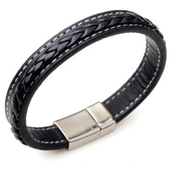 Veile Studios Faux Leather Braid Titanium Steel Bracelet Black Bracelets