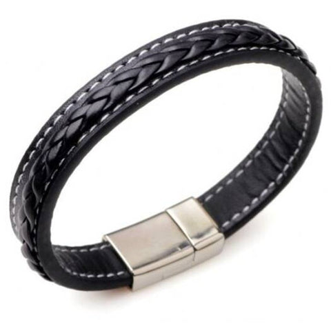 Veile Studios Faux Leather Braid Titanium Steel Bracelet Black Bracelets