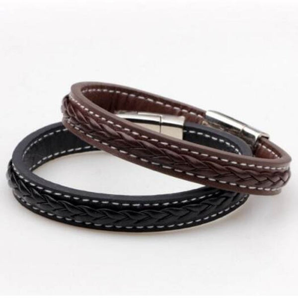 Faux Leather Braid Titanium Steel Bracelet Black