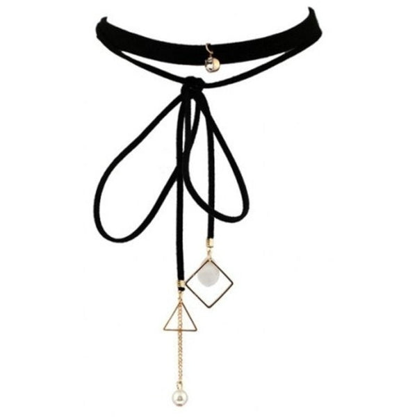 Veile Studios Faux Pearl Rhinestone Triangle Choker Necklace Black Necklaces & Pendants