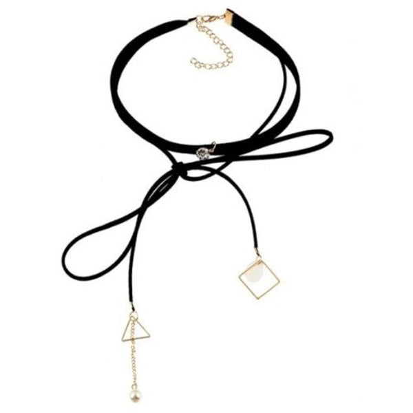 Veile Studios Faux Pearl Rhinestone Triangle Choker Necklace Black Necklaces & Pendants