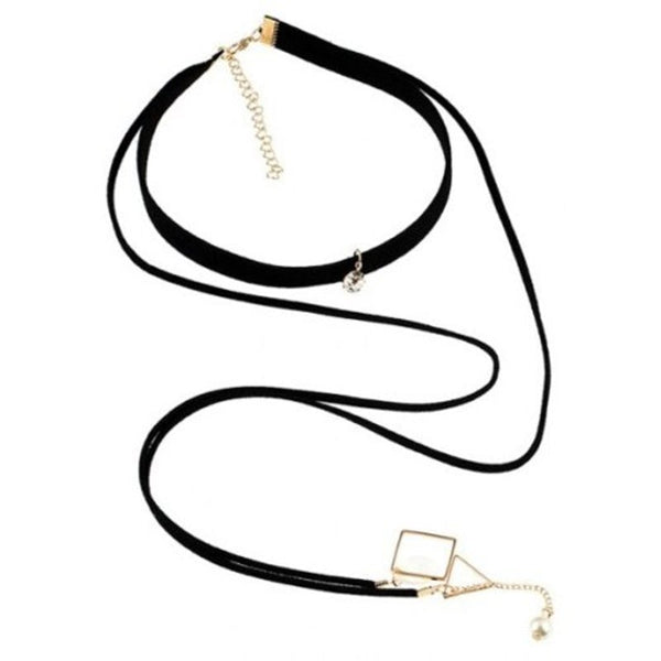 Veile Studios Faux Pearl Rhinestone Triangle Choker Necklace Black Necklaces & Pendants