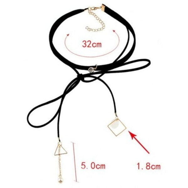 Veile Studios Faux Pearl Rhinestone Triangle Choker Necklace Black Necklaces & Pendants