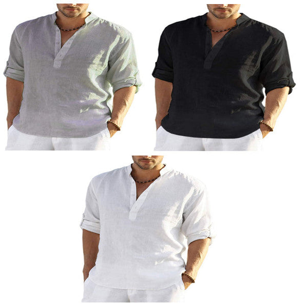 Men's Casual Cotton Linen Solid Color Long Sleeve Shirt Loose Stand Collar Casual Shirts