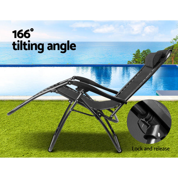 Gardeon Set Of 2 Gravity Chairs Reclining Outdoor Furniture Sun Lounge Folding Camping Lounger Black