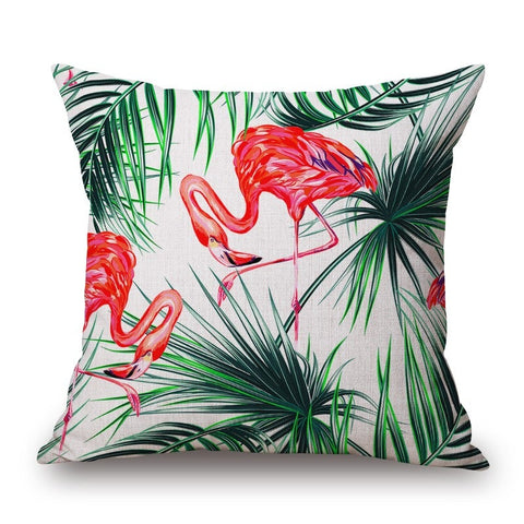 Flamingos Leaves On Cotton Linen Pillow Cover