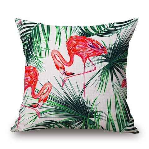 Flamingos Leaves On Cotton Linen Pillow Cover Cushions & Decorative Pillows