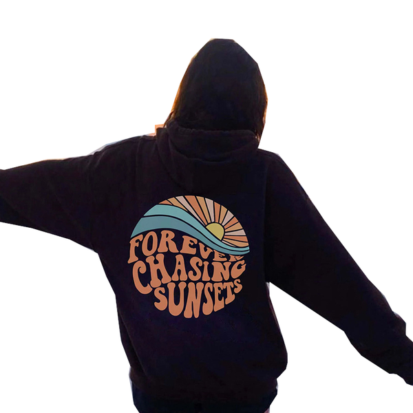 Women Fleece Lined Sunset Print Kangaroo Pocket Drawstring Hoodie Hoodies & Sweatshirts