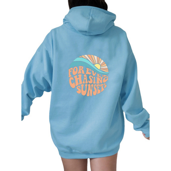 Women Fleece Lined Sunset Print Kangaroo Pocket Drawstring Hoodie Hoodies & Sweatshirts