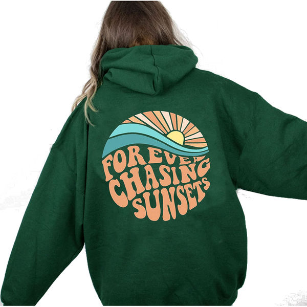 Women Fleece Lined Sunset Print Kangaroo Pocket Drawstring Hoodie Hoodies & Sweatshirts