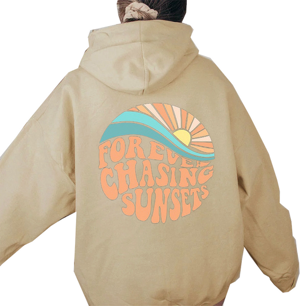 Women Fleece Lined Sunset Print Kangaroo Pocket Drawstring Hoodie Hoodies & Sweatshirts