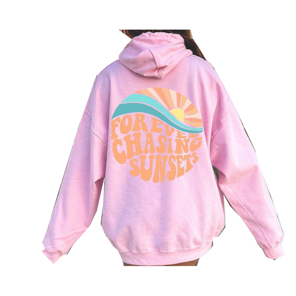 Women Fleece Lined Sunset Print Kangaroo Pocket Drawstring Hoodie Hoodies & Sweatshirts
