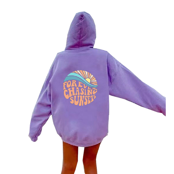 Women Fleece Lined Sunset Print Kangaroo Pocket Drawstring Hoodie Hoodies & Sweatshirts